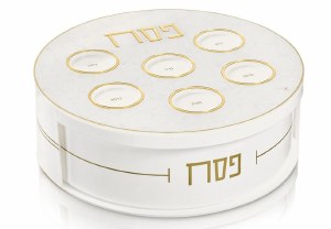 Picture of Lucite Round Seder Plate Kaarah 3 Tier Spinning Matzah Box Pearlstone Style Gold 13.75"